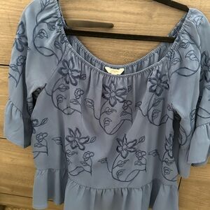 Crown & Ivy Blue Flutter Sleeve Ruffled Blouse